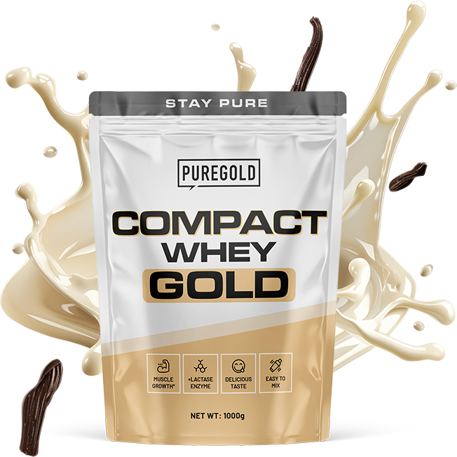 Gold Whey protein powder package with chocolate and pistachios