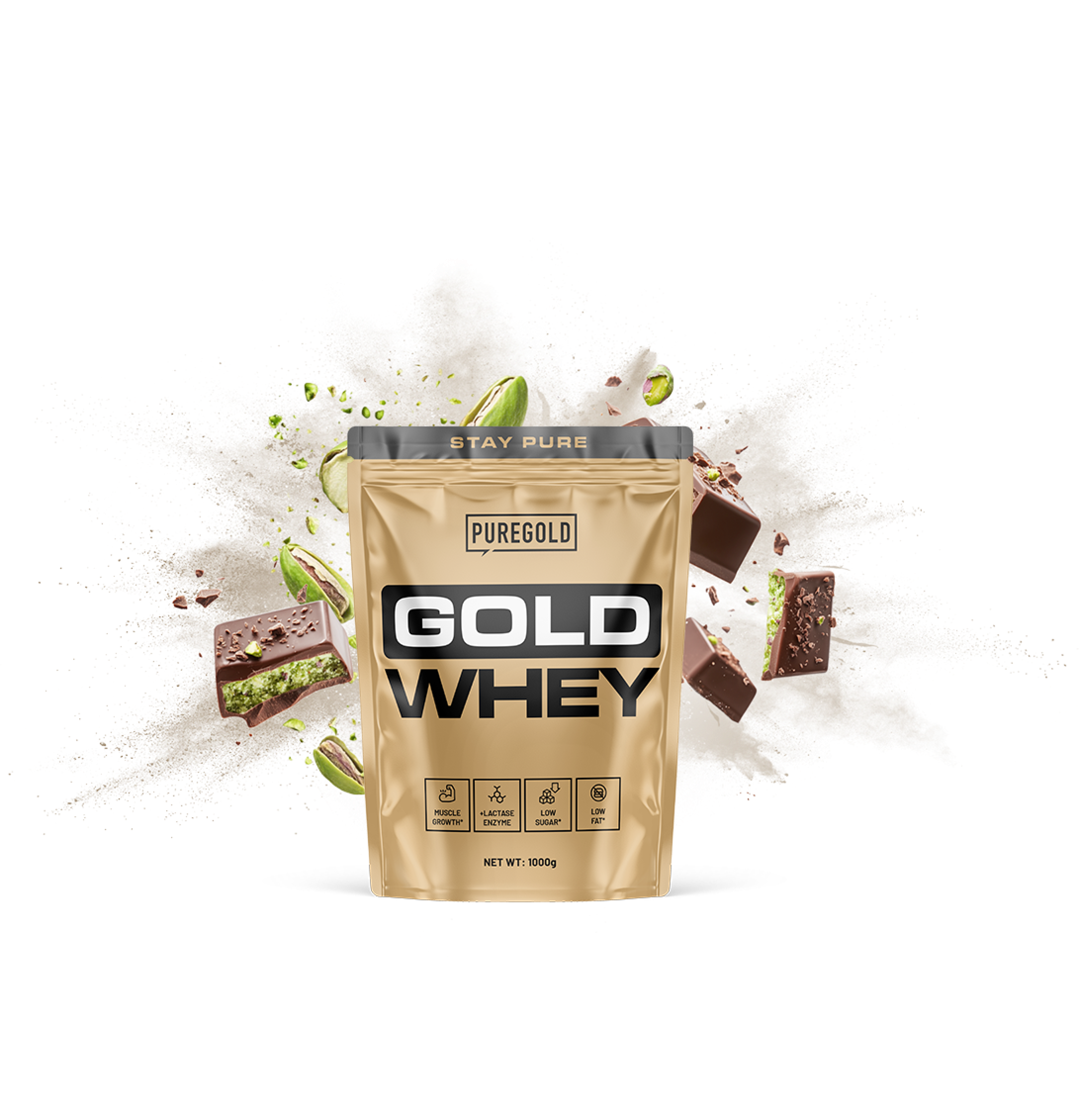 Gold Whey protein powder package with chocolate and pistachios